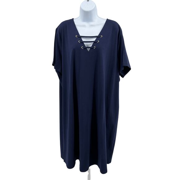 Michael Kors Grommet Lace-Up Tunic Dress Womens 3X Navy Blue Short Sleeve Resort - Picture 1 of 13